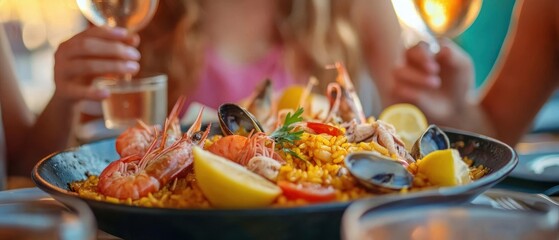Close-up of a Plate of Paella with Shrimp, Mussels, and Lemon