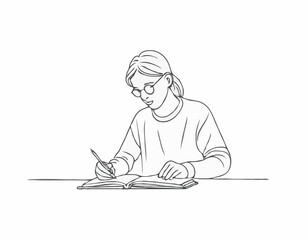 continuous single line drawing of student doing homework, line art vector illustration