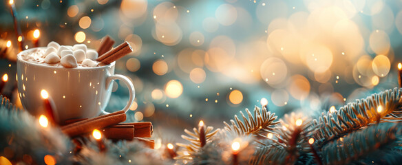 A cup of hot cocoa chocolate against the background of a Christmas tree in the snow. Christmas composition of hot chocolate with a pack of cinnamon. A warming drink in a cozy interior.