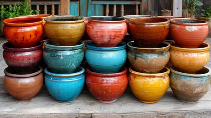 Naklejka premium Colorful array of bowls arranged in a circular composition on a pristine white surface