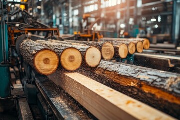 Fototapeta premium a lumber mill in action with logs being cut