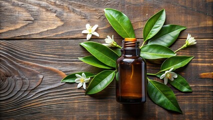 Overhead shot of a small brown bottle containing Neroli Essential Oil , Essential Oils, Product Photography