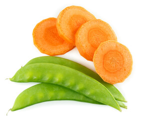 peas and carrots slices isolated on white background