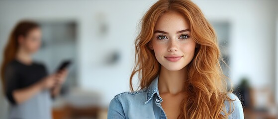 A young woman with red hair and freckles smiles confidently at the camera.