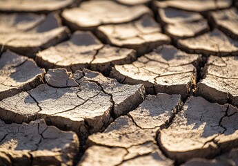 Close-Up of Cracked Earth: A Harsh Texture of Drought and Climate Change - Parched Ground Patterns: Fractured and Barren Earth Depicting Environmental Disaster