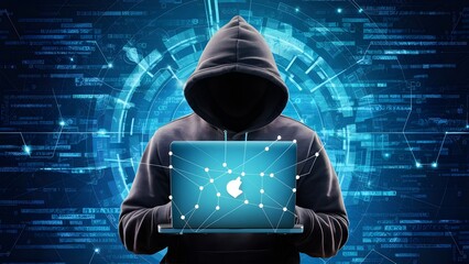 A figure in a hoodie utilizing a PC with network safety illustrations overlay, on a computerized blue background, idea of hacking and information security