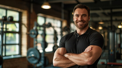 Fototapeta premium A high-definition photograph of a confident, smiling man in a modern gym, arms crossed