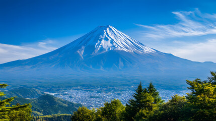 Fototapeta premium How about this: Snow-capped Fuji peak under a cloudy sky with a serene lake and winter landscape?