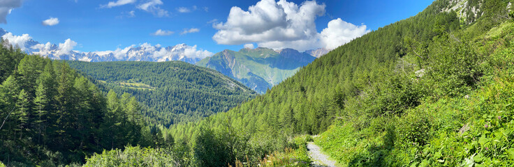 Fototapeta premium beautiful scenic panorama in alpine mountain with path through hills and view on The Mont Blanc in Italy