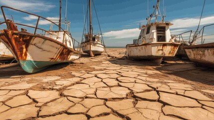 Stranded Ships in a Parched Lakebed: A Visual of Climate Change, Environmental Damage, and Global Warming's Catastrophic Impact
