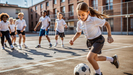 Young girl dribbling soccer ball on school playground during recess with classmates