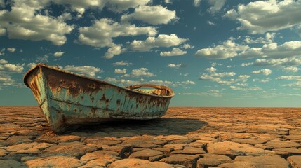 Fototapeta na wymiar Stranded Boat in a Parched Lakebed: A Visual of Climate Change, Environmental Damage, and Global Warming's Catastrophic Impact