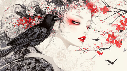 Fototapeta premium Beautiful Japanese woman with Japanese style makeup in watercolor art wallpaper