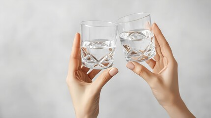 Two hands carefully holding elegant glasses of water, against a plain background.