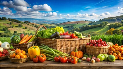 Lush assortment of colorful fresh produce showcased against picturesque hills and an azure sky.