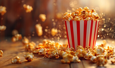 Sweet caramel popcorn in a bowl on a wooden background. Salted caramel popcorn. Caramel sauce. Close up. Topping. Place for text. Copy space