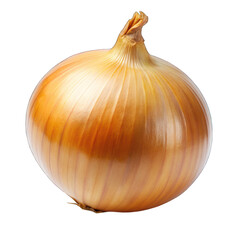 A large yellow onion with a brown skin and a green top on transparent background