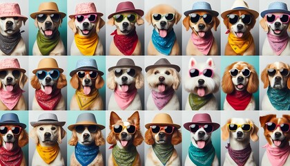 A cartoon vector illustration of a cute set of animal characters including a dog, baby bear, and panda, all with fun and smiling faces, designed as icons for kids