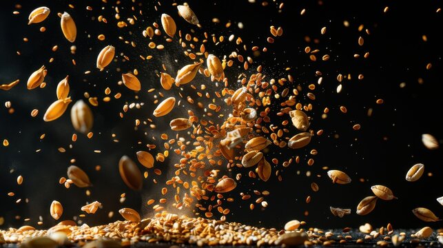 Dynamic Spelt Grains Splash in Mid-Air on Black Background