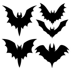 Set of Halloween black bat silhouettes, Spooky black horror bat vector, Halloween holiday bat icons set.