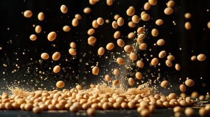 Dynamic Soybean Splash: Soybeans floating in mid-air with fragments, isolated