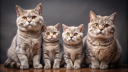 Family portrait of British Shorthair cats lined up in a studio setting during the afternoon. Generative AI