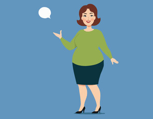 Plump middle age woman showing a way. Woman giving adwice. Cartoon vector illustration. Comic scene
