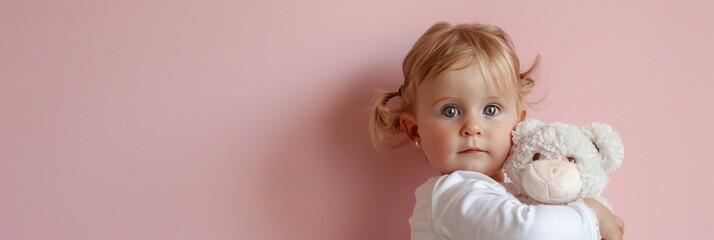 Fototapeta premium A young girl with blonde hair hugs her white teddy bear, with her head tilted to the side in a sweet pose against a pink backdrop.