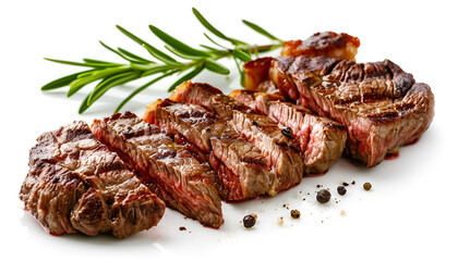 Delicious sliced juicy beef ribeye fillet mignon steak isolated. for poster or menu. cafe. closeup view, grilled