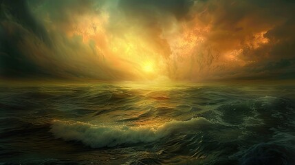 Obraz premium A rough and heavy sea in a thunderstorm. Large crashing ocean wave with white foam at sunset of the day. A force of nature. Digital art. Illustration for for cover, card, postcard, interior design.