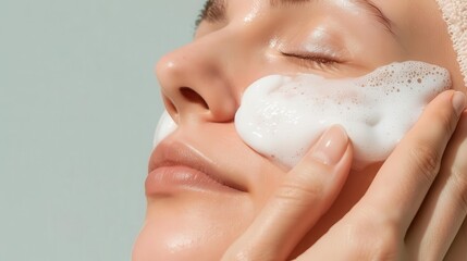 Close-up of a woman applying foam cleanser to her face.