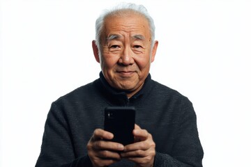 Smiling Chinese senior man using his smartphone on a white background