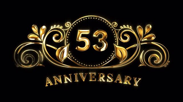 53rd Anniversary Celebration. Happy 53 Years Anniversary Animation in Gold Color on the Transparent Background, Alpha Channel. Great for greetings, celebrations, events, and gifts.