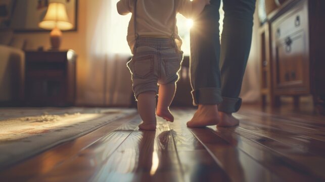 A baby takes its first steps while being held by a parent in a bright room.