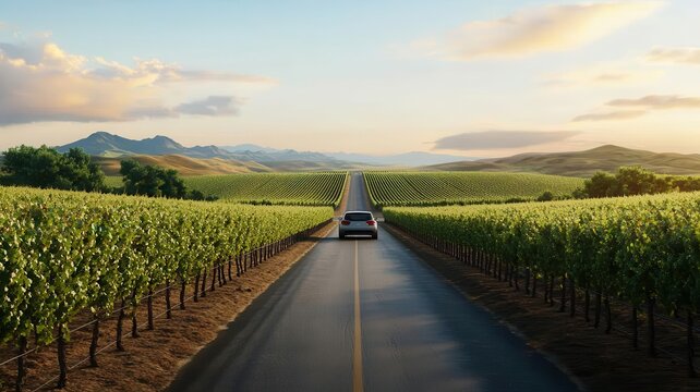 Car driving along a scenic road through a vineyard, with rows of grapevines stretching out on either side, capturing the essence of a wine country journey