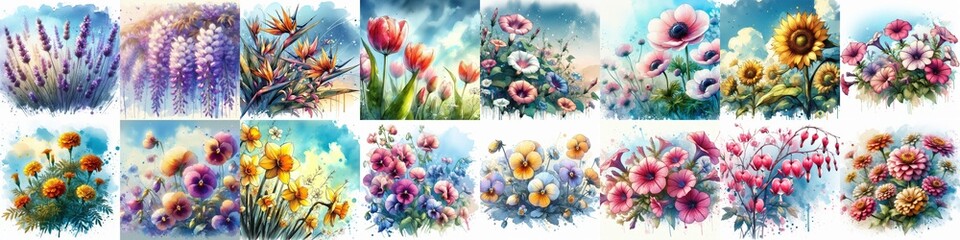 Flowers draw in watercolor splash style. AI generated illustration