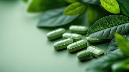 Green herbal tablets on a clean background, blank space for text, Medication, Plant-based care