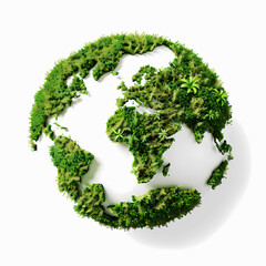 Green world map. 3D forest shape of world map isolated on white background. World map green planet earth day or environment day concept