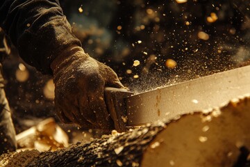 a close-up of a loggers hands gripping a wood