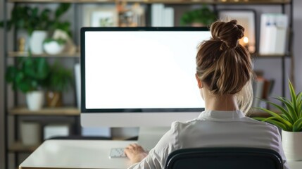Professional woman typing on a computer with a white screen in a stylish home office setting