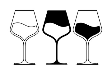 Wine glass black and white flat vector icon design with editable stroke