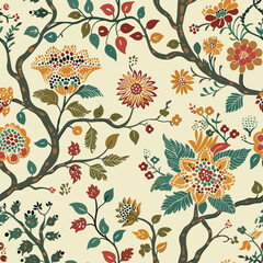 Block-printed style of a seamless indian floral pattern kalamkari muhgal art. Mystical Mughal Blooms: A Fusion of Indian and Oriental Ornamental Seamless Patterns. 01