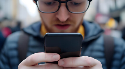 Social media scams concept. Close-up of a person’s face with a worried expression as they receive a social transaction notification on their smartphone