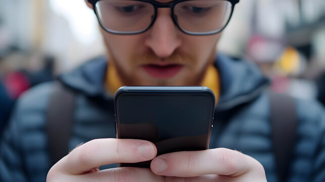 Social media scams concept. Close-up of a person’s face with a worried expression as they receive a social transaction notification on their smartphone - Powered by Adobe