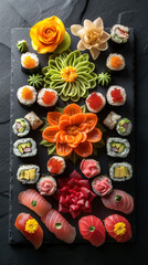 A decorative arrangement of various sushi types and intricate vegetable garnishes showcases culinary artistry at a lively lunchtime gathering
