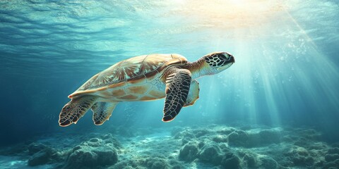 Obraz premium Underwater Serenity: A Sea Turtle Gliding Gracefully Near the Ocean Floor, Sunlight Streaming Through the Clear Waters Creating a Tranquil Aquatic Scene