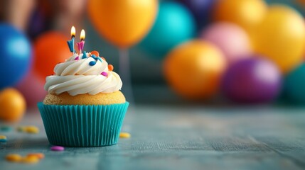 A colorful cupcake with candles on top ready for celebration, surrounded by vibrant balloons, perfect for birthday events.