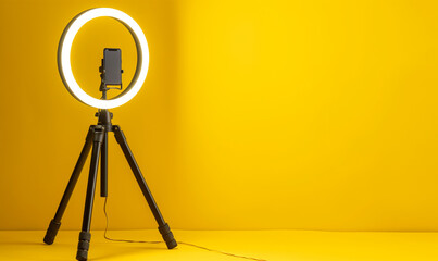 Ring lamp. led ring lamp on yellow background. Blogger lamp.