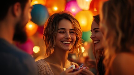 A joyful gathering with friends, illuminated by colorful balloons, capturing moments of laughter and happiness.