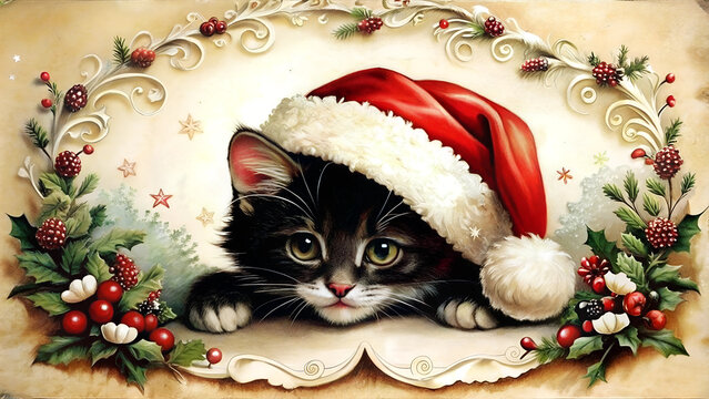 Christmas vintage postcard style background, black kitty in the Christmas hat, Christmas and New Year card 